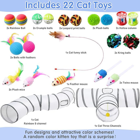 Wettarn 22 Pieces Cat Toys Set, with 2 Collapsible Tunnels for Indoor Cats and 20 Kitten Toys Tubes and Tunnels Interactive Feather Mouse Crinkle Balls for Pets Puppies(White)