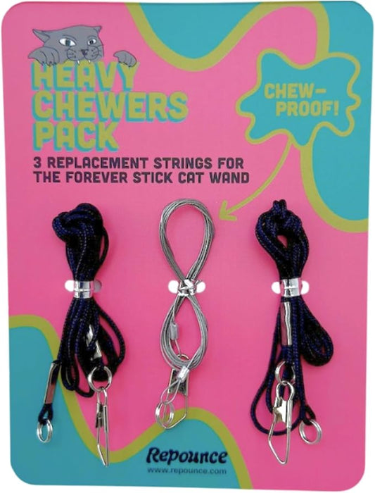 Replacement Strings for Cat Wand Toy - 3-Pieces - Chew-Proof Metal Wire and 2 Durable Paracord Strings - Heavy Chewers Pack Cat Wand Toy Refill Strings with Universal Clasps for All Lures