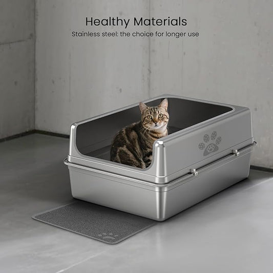 Enclosed Stainless Steel Cat Litter Box with Lid, Oversize Metal Litter Box for Multi Cats, Extra XXL Cat Toilet with High Side, Non-Stick, Anti-Leakage, Odorless, with Cat Litter Mat & Litter Scoop