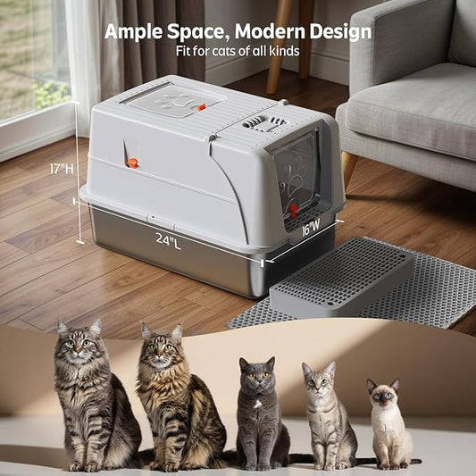 Stainless Steel Litter Box with Lid, XL Large Metal Box for Cats 180° Flip Cover, Non-Odor Enclosure Litter Box with Litter Scoop and Litter Mat (Non-Sticky, Easy to Clean, Anti-Urine Leakage)