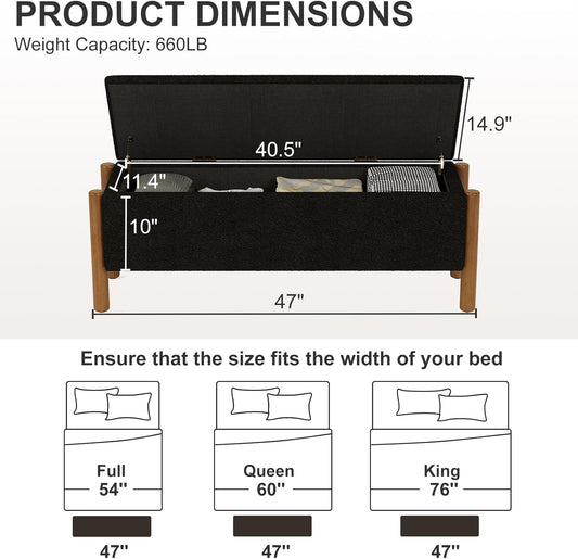 Storage Ottoman Bench, End of Bed Bench for Bedroom, 47" Boucle Upholstered Entryway Shoe Seat Benchs, Holds up to 660 lb Storage Ottoman, Padded Blanket Chest Stool Foot Rest for Living Room Black