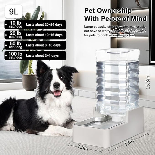 RIZZARI Stainless Steel Pet Water Feeder: 9L Automatic Leak-Proof Gravity Dispenser for Cats Dogs Indoor Outdoor Use(Beige Without Filter,9L)