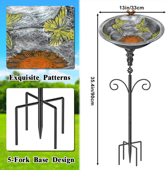35In Bird Bath for Outside, Vintage Metal Birdbaths & Birdfeeder with 5 Prong Bases for Outdoors, Freestanding Bird Feeder Bowl with for Garden Yard Lawn Decor (Vintage Silver)