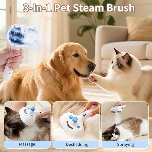Cat Steam Brush for Shedding,3 In 1 Steam Brush for Dogs & Cats,Spray Hair Removal Comb,Includes Waterless Shampoo,Suitable for Long-haired and Short-haired Pets