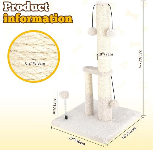 Dimaka Tall Cat Scratching Post, Double Lower Posts Extra Stable Cat Post Tree Scratcher with Sisal Rope and Teasing 4 Balls Total Large Base (Beige)