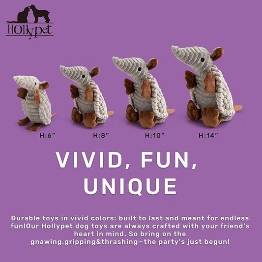 Hollypet Plush Dog Squeaky Toy Stuffed Armadillo Animal Pet Puppy Chew Toys with Clean Teeth for Small Medium Large All Breed Sizes Dogs, Light Gray, 8 in