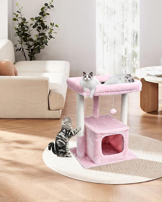 SYANDLVY Small Cat Tree for Indoor Cats Large Adult, 27" Activity Tower with Scratching Posts, Modern House with Padded Perch, Kittens Condo, Cat Cave, Pink
