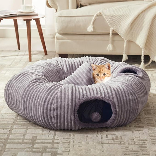 Cat Tunnel Bed for Indoor Cats - Cute Cat Donut Tunnel with Washable Circle Cushion and Blackout Tent Round Pet Play Toy for Kitten/Puppy/Rabbit, Grey