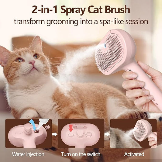 L&W BROS. Steam Grooming Brush for Shedding and Detangling – Self-Cleaning Steamy Pet Brush with Mist Spray for Long-Haired Cats and Small Dogs (Pink)