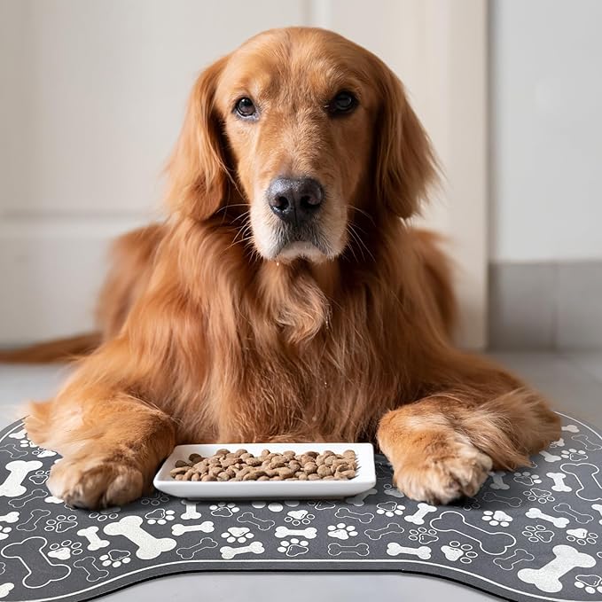 Dog & Cat Food Mat Bone Shaped Pet Feeding Mat Quick Absorb Water Bowl Placemat with Rubber Backing Indoor Floor Stain Resistant Pet Accessory Supplies (Dark Gray, 17x29 Inches)
