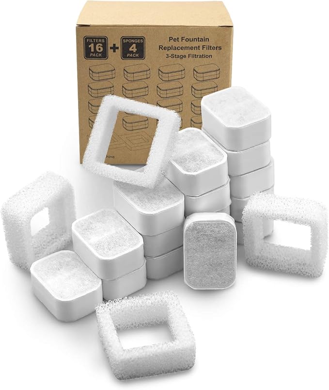 Ceramic Cat Water Fountain Replacement Filters, 16 Pack Pet Fountain Replacement Filters and 4 Pack Foam Filters for Tritone/Fiumi Ceramic Pet Lotus Ceramic Pet Drinking Fountain