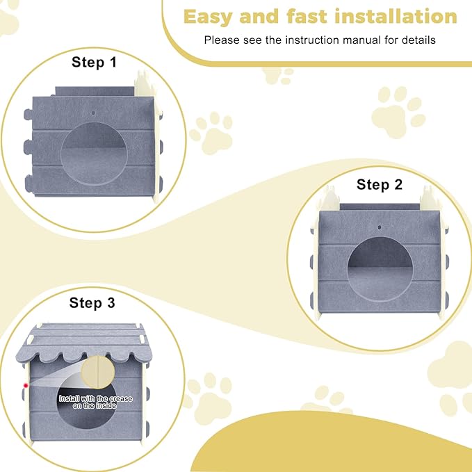 Babepets Cat House for Indoor Cats, Medium Felt Bed Cave with Ball Hanging, Foldable Detachable Cats Condo, Scratch Resistant Hideaway for Multiple Pets up to 20Lbs, House Type Cat Playhouse, Grey