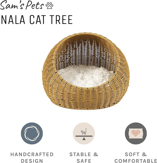 Sam's Pets NALA 19" Round Wicker Cat Bed - Stylish, Comfortable, and Private Pet Nest with Plush Cushion