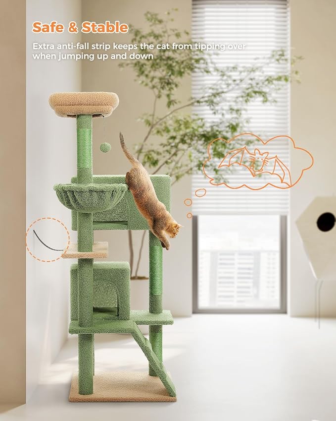 Cactus Cat Tree for Indoor Cats, 2 Cozy Condos with Spacious Top Perch, 56.3-Inch Multi-Level Cat Tower with Scratching Posts, 2 Caves, Plush Hammock and Climbing Ramp, Green