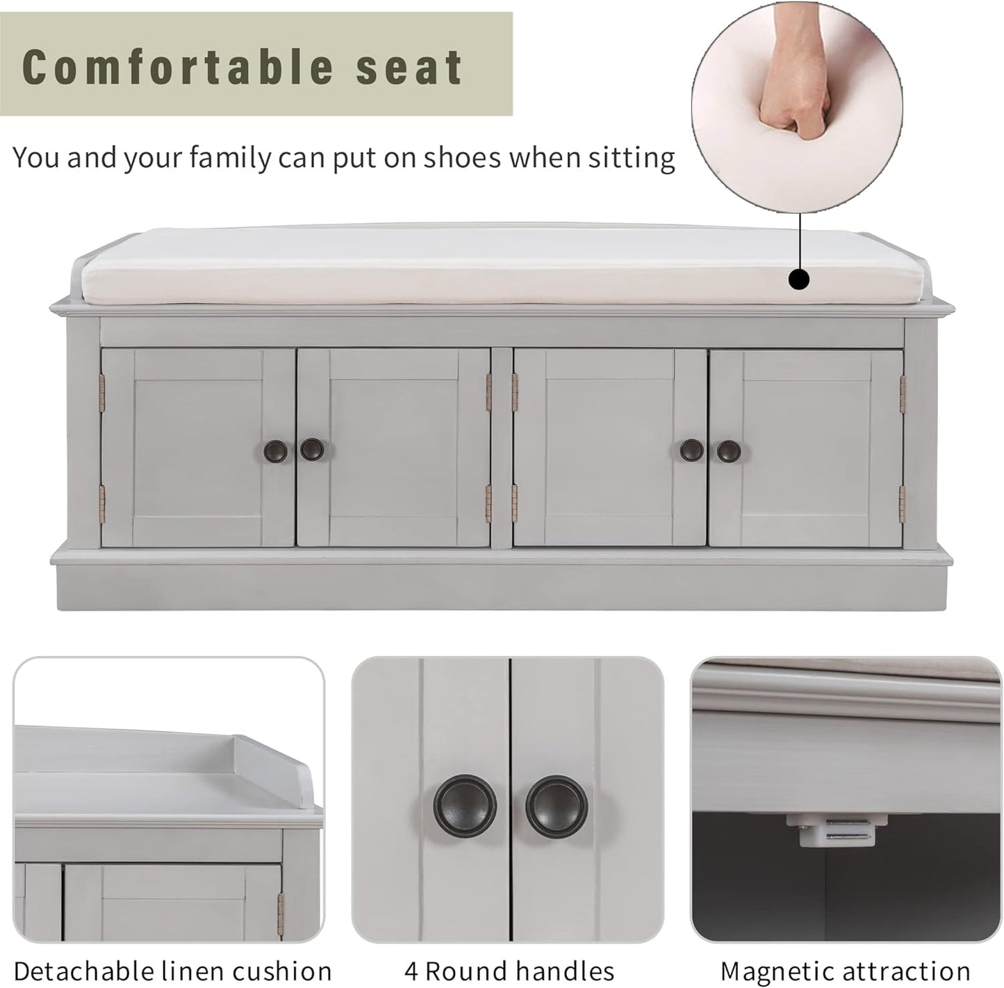 Storage Bench with 4 Doors and Adjustable Shelves, Shoe Bench with Removable Cushion for Living Room, Entryway 42.7" L x 16" W x 17.4" H (Gray Wash)