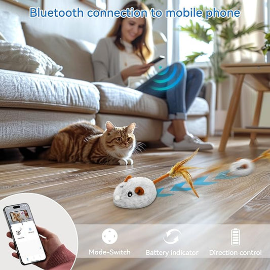 APP & Bluetooth Remote Control Cat Toy - Auto Moving, USB Rechargeable Interactive Mouse Toy for Indoor Cats - Gray