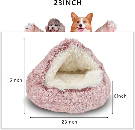 ShinHye Cozy Cat Bed - Round Plush Fluffy Hooded Cave, Indoor/Outdoor, Waterproof & Washable, Calming Anti-Anxiety Design - 23x23inch, Pink