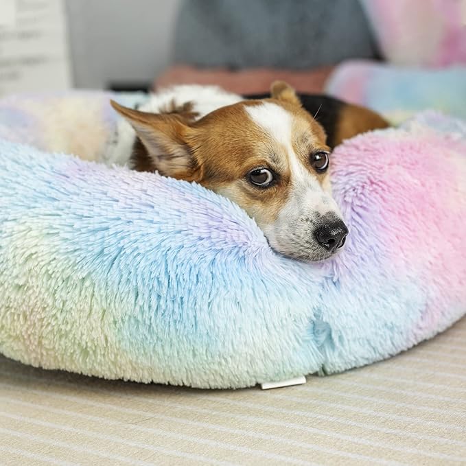 Anti Anxiety Round Fluffy Plush Faux Fur Warm Washable Dog Bed & Cat Bed, Original Bed for Small Medium Large Pets,Used to Relieve Joints and Improve Sleep(20"/24"/27'') (20", Rainbow)