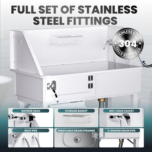 Dog Washing Station for Home, 38" White Professional Stainless Steel Dog Grooming Tub, Height Adjustable Dog Bathing Station, Upgrade Parts, Dog Bath Tubs for Small & Medium Dogs(Left Ramp)