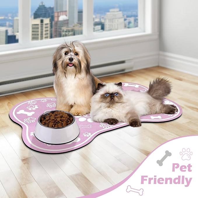 Dog Cat Mat for Food and Water,Rapid Absorbent Pet Feeding Mat, Bone Shaped Dog Placemat Bowl Mat with Rubber Backing,No Stains Pet Food Mats Indoor, Pet Accessories Supplies,Pink 12"×18"