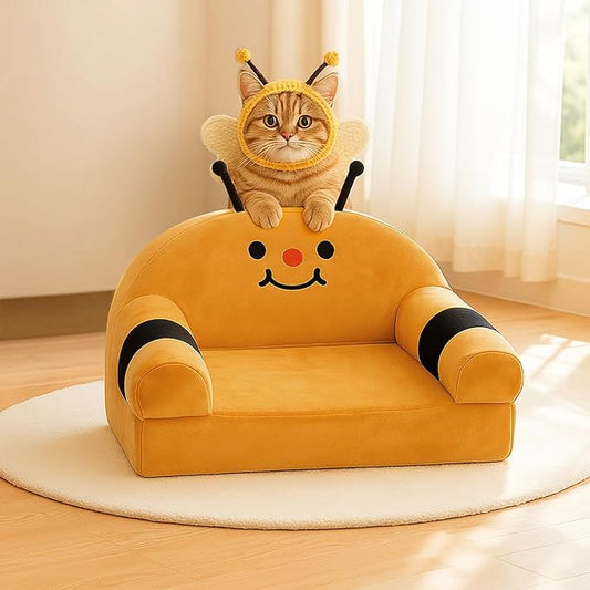 Cute Cat Couch with Soft Pillow, Supportive Dog Couch, Cat Sofa with Removable Cover,Cute Bee Shaped, 24 Inch