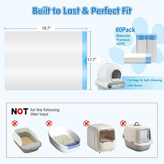 60 Count Self Cleaning Cat Litter Box Liners Bag Compatible with MeoWant MW-SC01,MW-SC02, Drawstring Heavy Duty Kitty Litter Receptacles Bags Fit For Automatic Cat Litter Box-17.7" x 19.7"