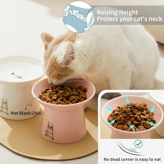 OMAYKEY 6.5 Inch Extra Wide Ceramic Raised Cat Bowls, Elevated Cat Bowl for Food and Water, Wide Shallow Cat Food Feeder Dishes, Whisker Fatigue, Protect Spine, White & Pink