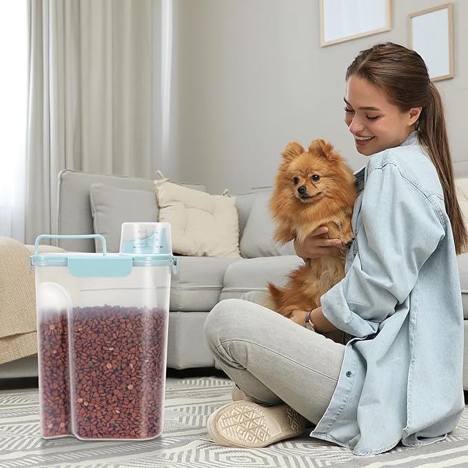 5-7Lbs Cat Dog Storage Container, Portable Pet Food Containers with Upgraded Large Spout and Cup, Small Animal Kibble Dispenser for Bird Seed, Oatmeal, Rice, Flour (2, Sky Blue, 5L)
