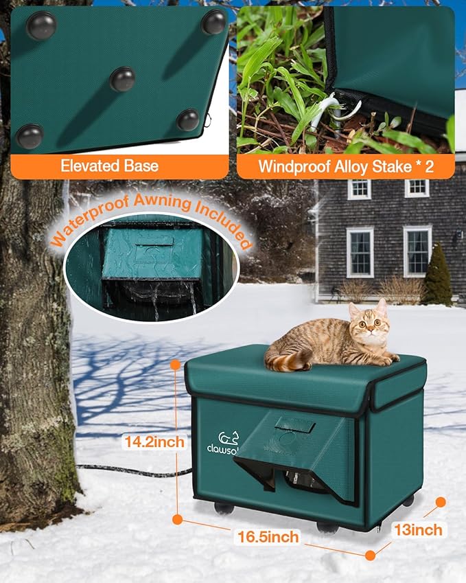 Indestructible Heated Cat House for Outside Cats Winter, 100% Weatherproof, Safe Escape Door, Insulated Outdoor Cat Shelter with Heater for Feral Barn Cat Kitty (Forest Green, 12"x16"x14")