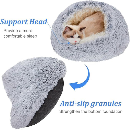Deblue Soft Cat Cave Beds for Indoor Cats, Round Warm Cat Beds with Hooded Cover, Waterproof Bottom Long Plush Covered Sleeping Cozy Pet Bed for Puppies and Cats (Large)