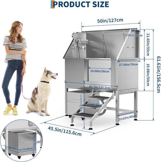 50" Stainless Steel Professional Dog Washing Station - Pet Bathing Tub w/Non-Slip Stairs & Storage Shelf | Slip-Resistant Floor Grate | for Large/Medium/Small Dogs