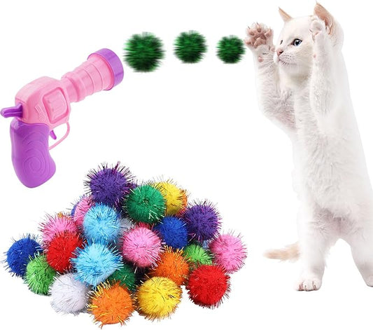 Dorhui Cat Toy Balls with Launchers Set, 30 Pcs Sparkle Pom Ball for Cat,Cat Enrichment Toys,cat Toys for Indoor Cats, Interactive Glitter Pom Ball for Kitty Gifts