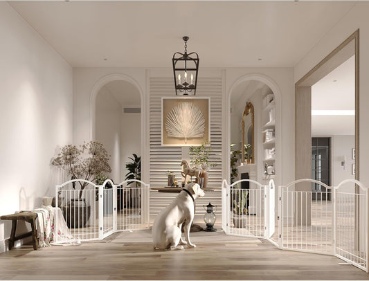 BHG Metal No-Assembly Freestanding Dog Gate with Door Walk Through, Extra Wide 120", Extra Tall 32" Pet Gate, Accordion Puppy Folding Playpen Dog Fence, with 2PCS Support (White, 5 Panels)
