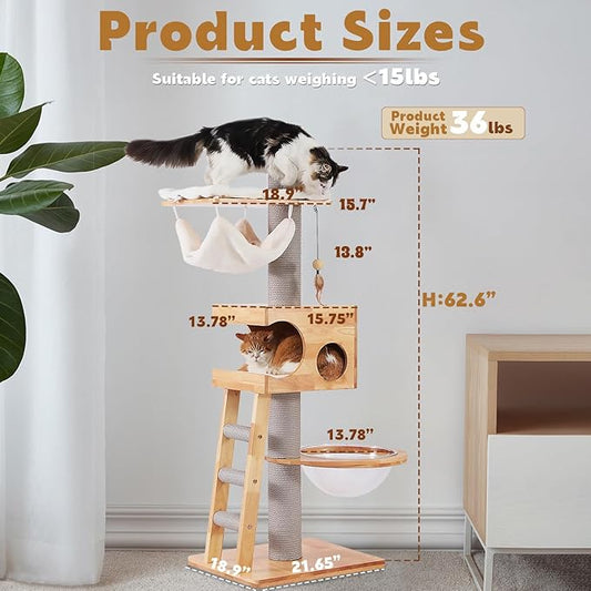 62.6'' Tall Wooden Cat Tree for Indoor Cats,Luxury Cat Tower with Cat Condo,Hammock,Clear Bowl,Thickened Sisal Scratching Post,Climbing Ladder,Heavy Duty Cat Furniture for Small Medium Large Cats