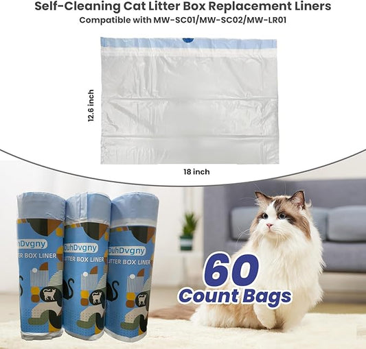 Cat Litter Box Liners Bag Fit For MW-SC01/MW-SC02/MW-LR01 Automatic Self Cleaning Cat Litter Box, Waste Bags, 18" x 12.6"Heavy Duty Replacement Trash Bags with Drawstring (White, 60 Counts)