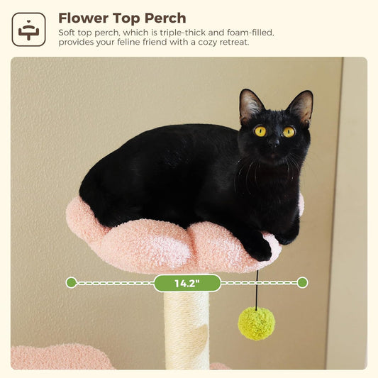 Flower Cat Tree, 62-Inch Tall Multi-Level Cat Tower with Scratching Posts for Large Indoor Cats, Plush Bed w/Padded Perches, Scratching Pad & 2 Green Pompoms, Pink