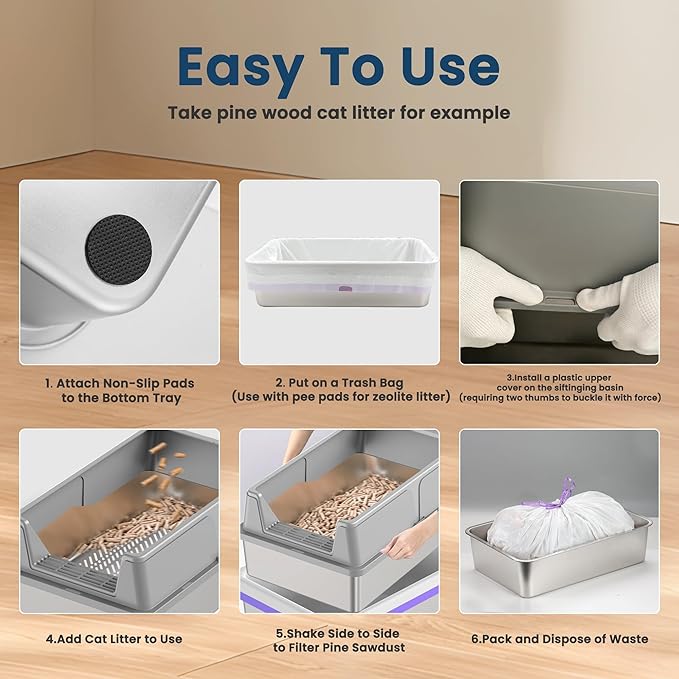 23.6" x 15.7" x 11.8" TIUUBT Stainless Steel Sifting Litter Box for Pine Pellets, Large Sifting Cat Litter Box with Sifter, High Side for Big Cats, Anti-Leakage, Odor Control, Includes Scooper