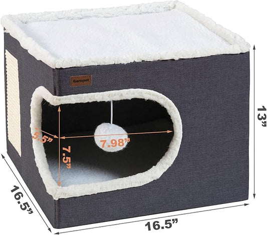 Cat Bed for Indoor Cats Cube House, Covered Cat Cave Beds & Furniture with Scratch Pad and Hideaway Tent, Cute Modern Cat Condo for Multi Small Pet Large Kitten Kitty, Dark Grey