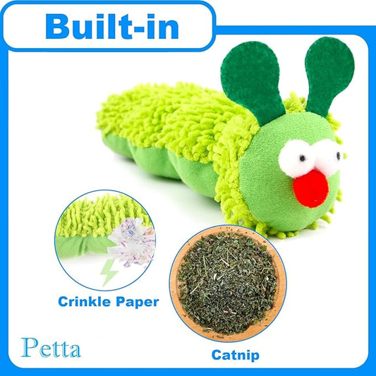 Big Green Caterpillar Cat Toys, Catnip Toy with Crinkle Gall Fruit for Interactive Cat, 2Pcs