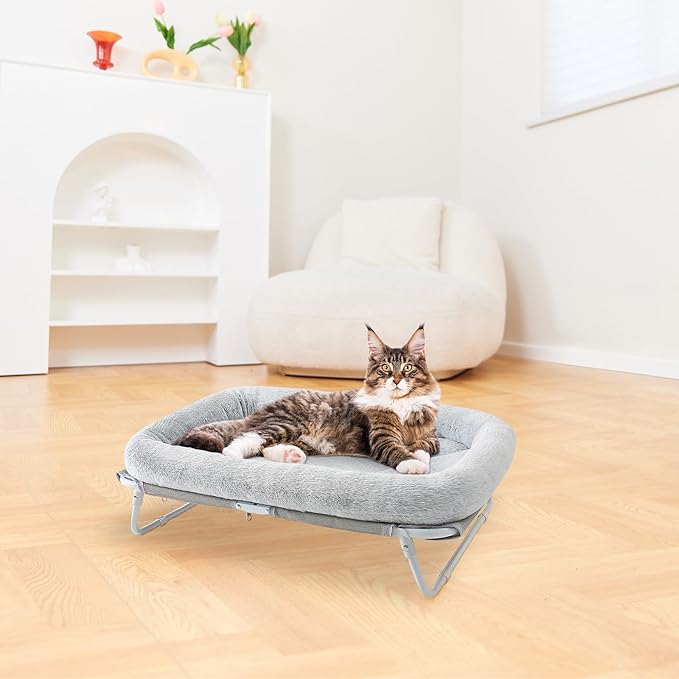 Sunhoo Elevated Cat Bed Foldable Raised Pet Hammock Self-Supporting Puppy Lounger with Off Floor Metal Frame Washable Cover for Small Dog Kitten Indoor Use 25.2x15.75x7.48 in(Grey)
