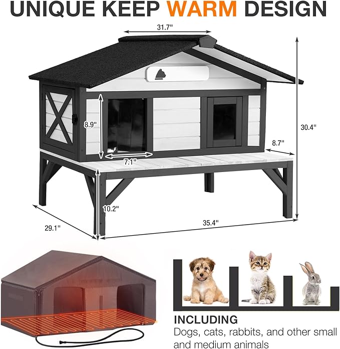 Heated Insulated Cat House Outdoor, Weatherproof Feral Cat House for Outside, Kitty Shelter with Heating Pad for Winter (Black & White,35.4" D x 31.7" W x 30.4" H)