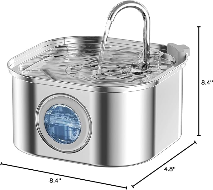 Cat Water Fountain, 3.2L/108oz Stainless Steel Pet Water Fountain, cat Fountain with Super Quiet &Transparent Window Design- Water Fountains for Cats Indoor