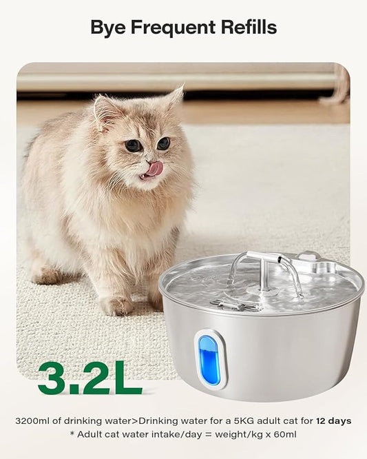 Cat Water Fountain Stainless Steel - 3.2L/108oz Pet Water Fountain for Cats Indoor - Automatic Pet Watering Dispenser (4 Filters)