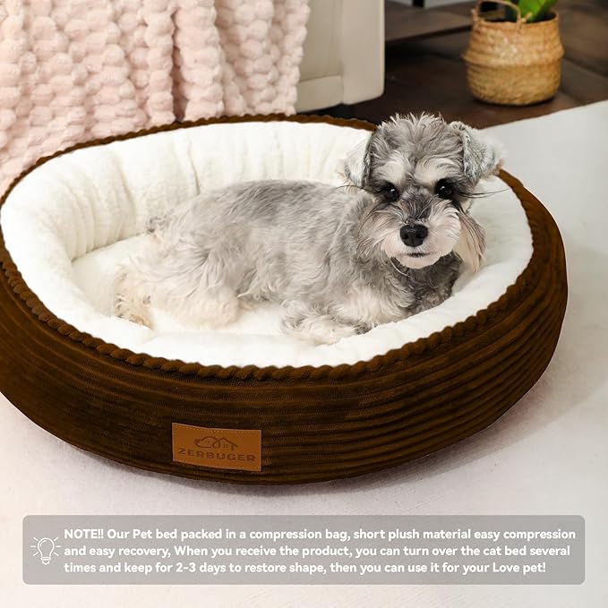 20in Washable Cat Beds for Indoor Cats - Round Donut Pet Bed for Cats, Small Dogs, Puppy, Kitten - Anti-Slip Bottom, Calming Bed Gift - Brown