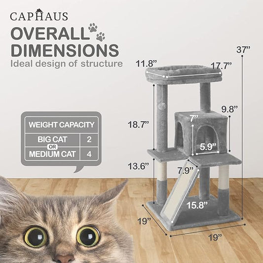 CAPHAUS Cats Kittens Tower with Large Modern Widened Perch, Cute 37-Inch Indoor Multi-Level Cat Activity Tree Scratching Posts, Small Ramp, 2-Door Cave Condo for Cats, Light Grey