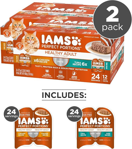 IAMS Perfect Portions Healthy Adult Wet Cat Food Pate, Chicken and Tuna Recipe Variety Pack, Easy Peel Twin-Pack Trays (12 Count, 24 Servings) (Pack of 2)