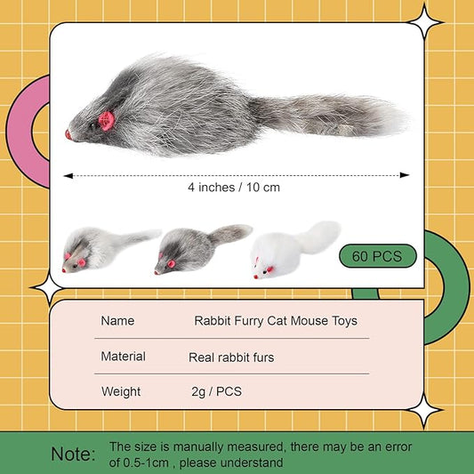 Hungdao 60 Pcs Furry Mice Interactive Catch Play Rabbit Fur Mouse Cat Toy Rattle Sound Rat Plush for PET Cats and Kittens, 3 Colors(White, Black, Gray)