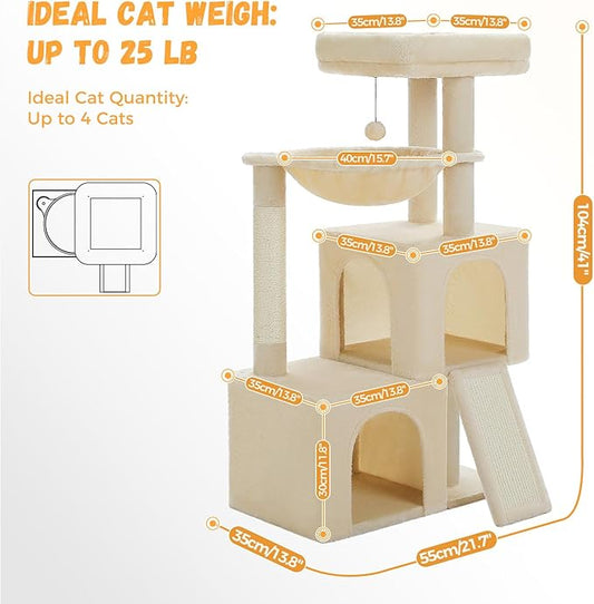 PAWZ Road Large Cat Tree, 41 Inches Multi-Level Cat Tower with 2 Spacious Condos for Indoor Cats, Large Cat House with Comfy Hammock, Padded Perch, Scratching Pad and Replaceable Balls