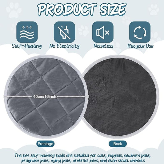 2 Pcs Cat Heating Pad Round 16 Inch Self Heating Cat Mat Washable Heated Bed Anti Slip Warming Pad Pet Bed Mat for Kennel Dog Crate Indoor Outdoor(Gray,16 Inch)