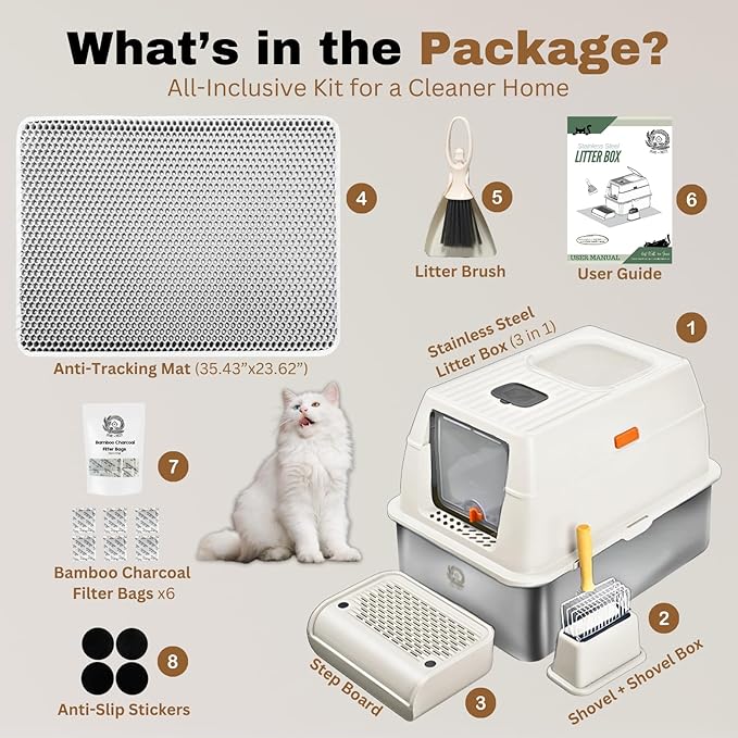 Fully Enclosed XXL Stainless Steel Litter Box with Lid, 8” Deep Pan, Large Stainless Steel Cat Litter Box for Big Cat with Scoop, Step Board, Mat, Brush, Odor-Free, Anti-Leak, Non-Stick (White)